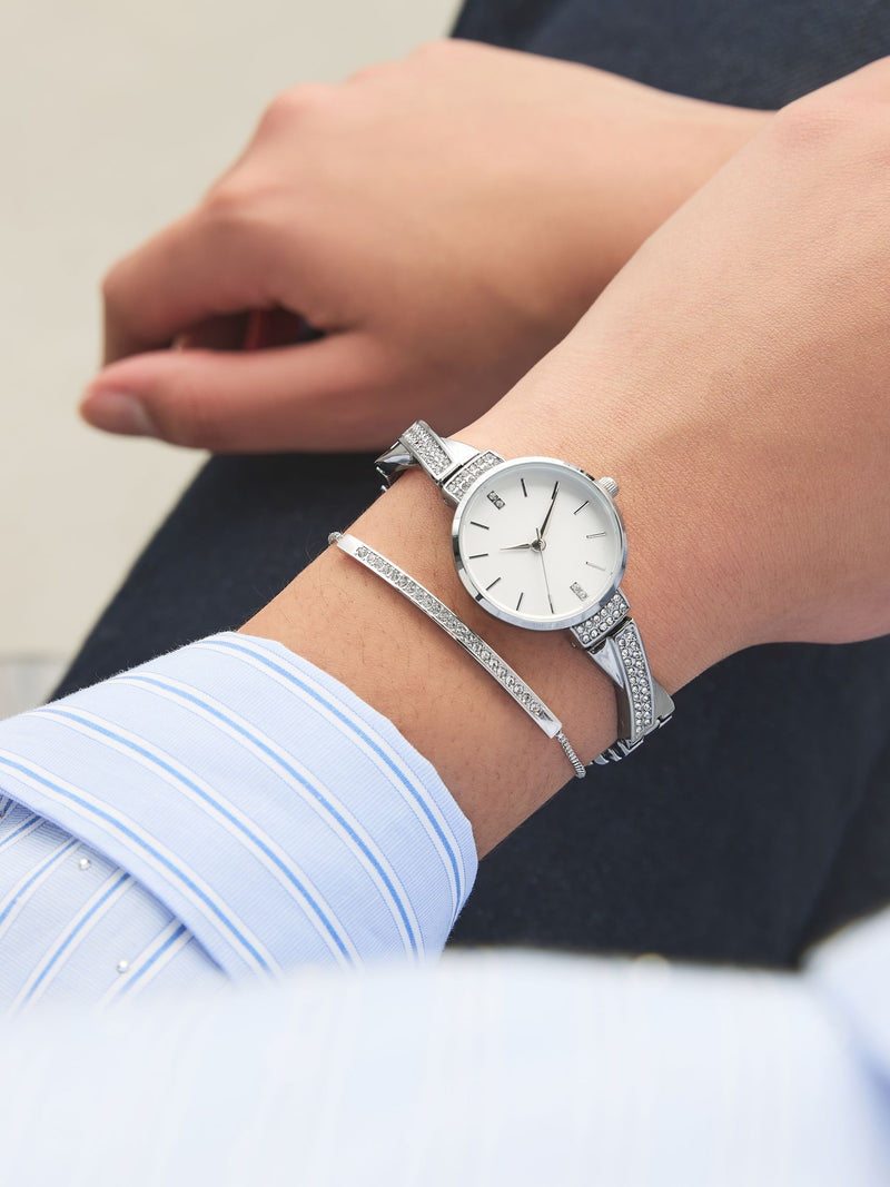 Silver sparkle bracelet watch and matching pully bracelet set 3cm diameter (British brand)