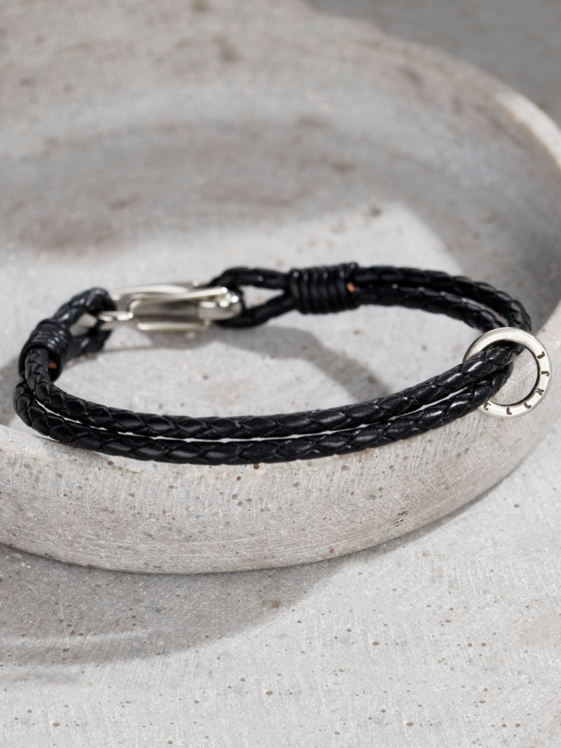 Posh Totty Designs men's personalised leather silver bracelet 21cm, imported from the UK