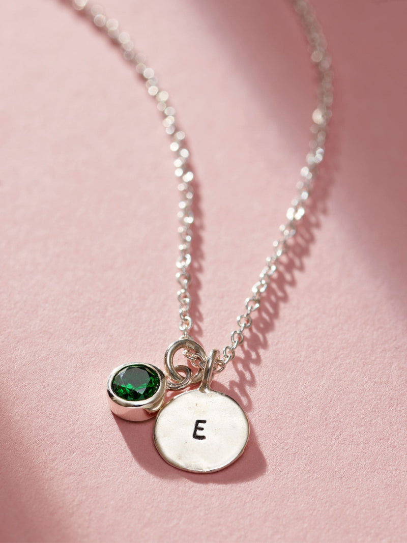 Posh Totty Designs Sterling Silver Birthstone and Initial Disc Charm Necklace 18 inch chain, imported from the UK
