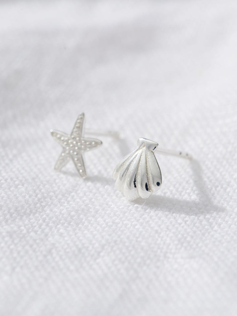 Posh Totty Designs sterling silver starfish and shell stud earrings, imported from the UK