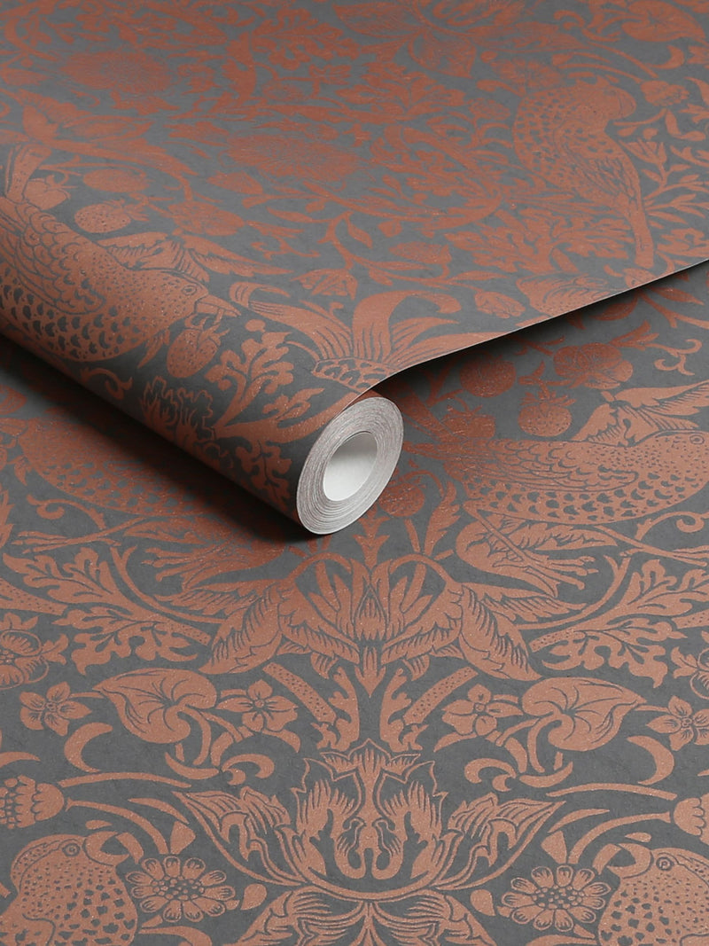 William Morris Strawberry Thief A4 wallpaper sample charcoal copper print, UK version