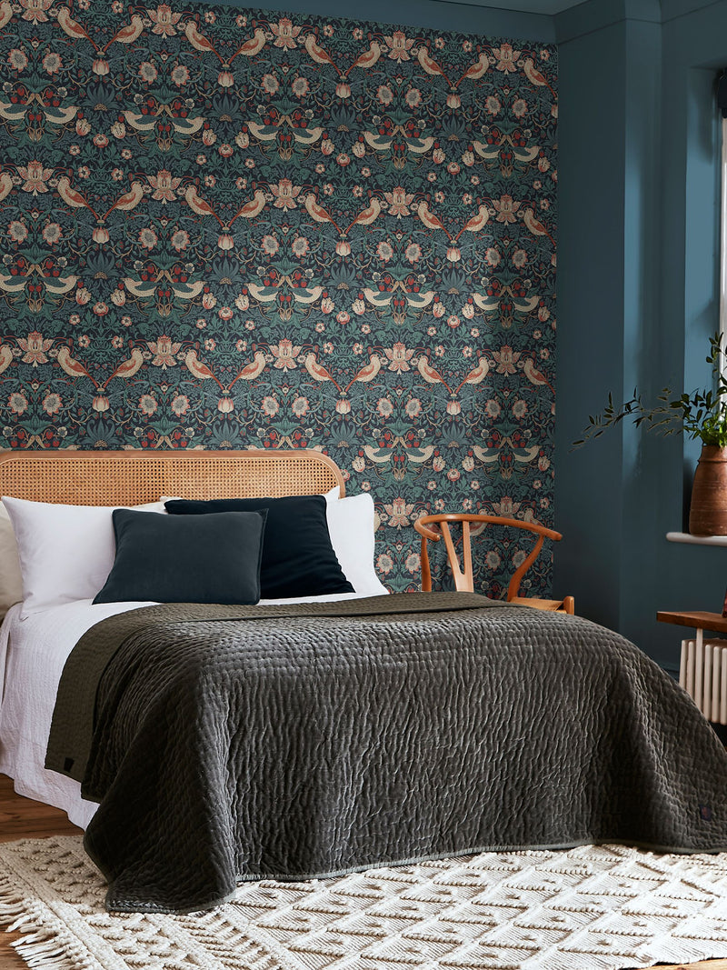 William Morris At Home Strawberry Thief deep blue A4 wallpaper sample, UK version