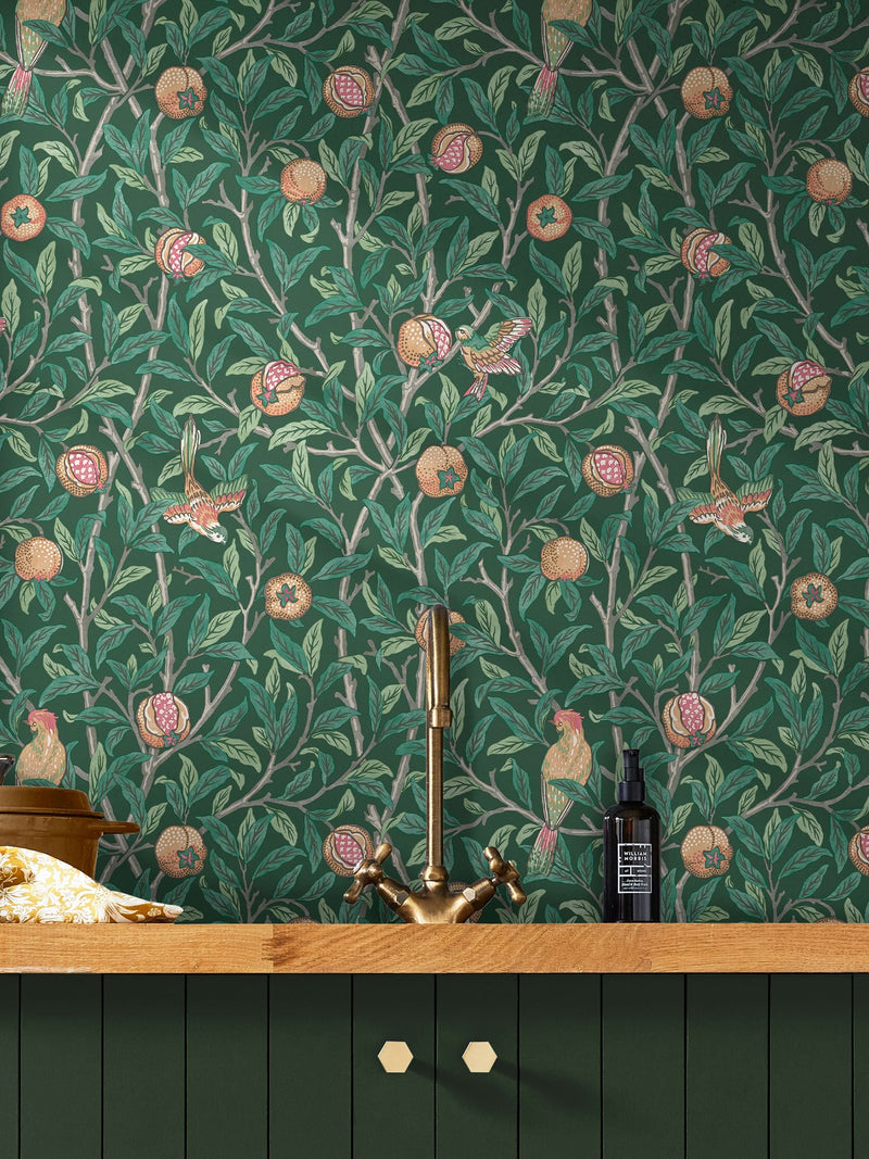 William Morris deep green bird and pomegranate wallpaper (British brand)
