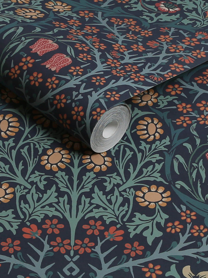William Morris Navy Blackthorn wallpaper 10m (British brand)