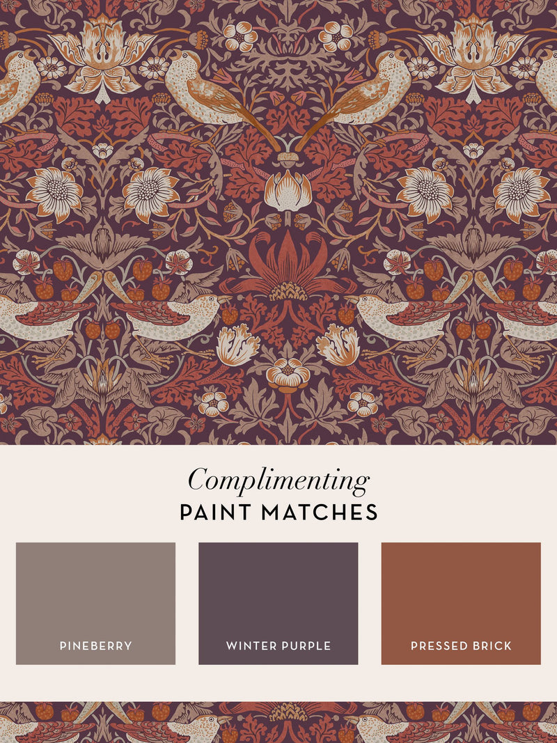 William Morris wallpaper Strawberry Thief Plum 10m, imported from the UK