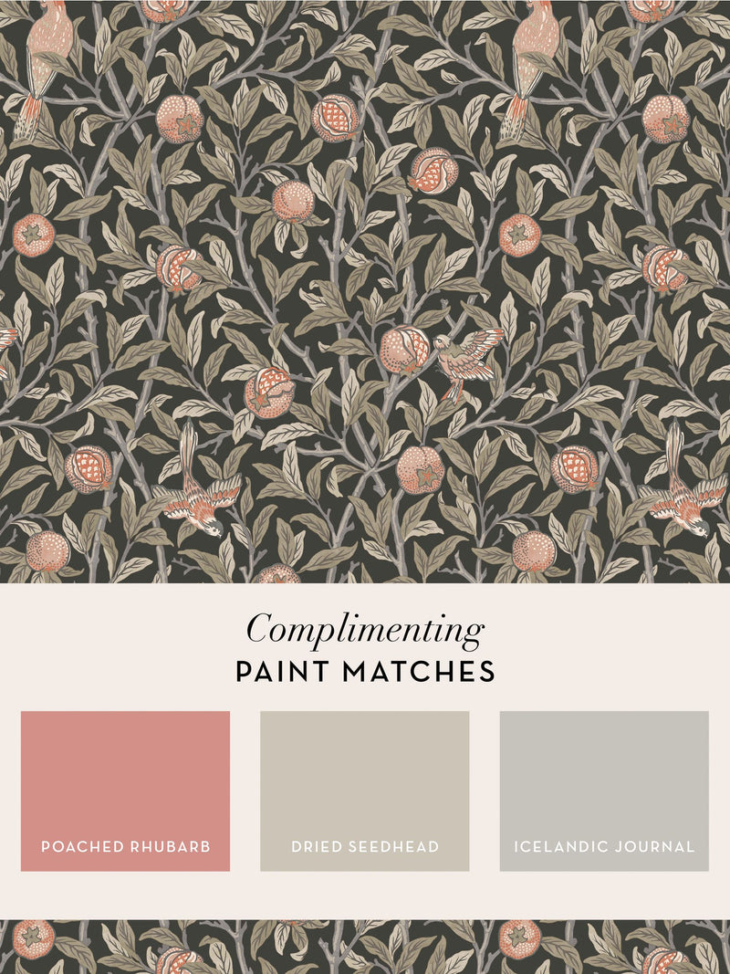 William Morris At Home wallpaper Charcoal Bird and Pomegranate 10m, UK version