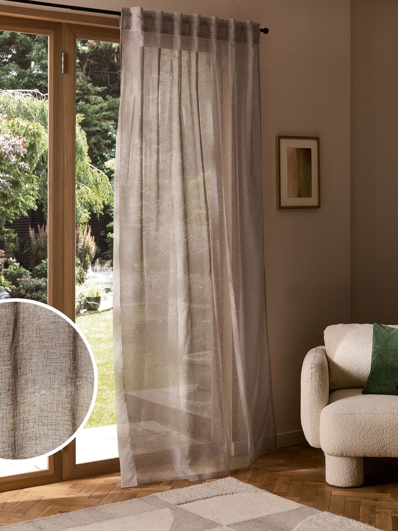 Natural linen look voile curtain panel with hidden tab top, UK version