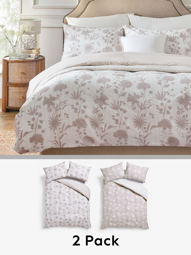 2 Pack Natural/White Floral Reversible Duvet Cover and Pillowcase Set