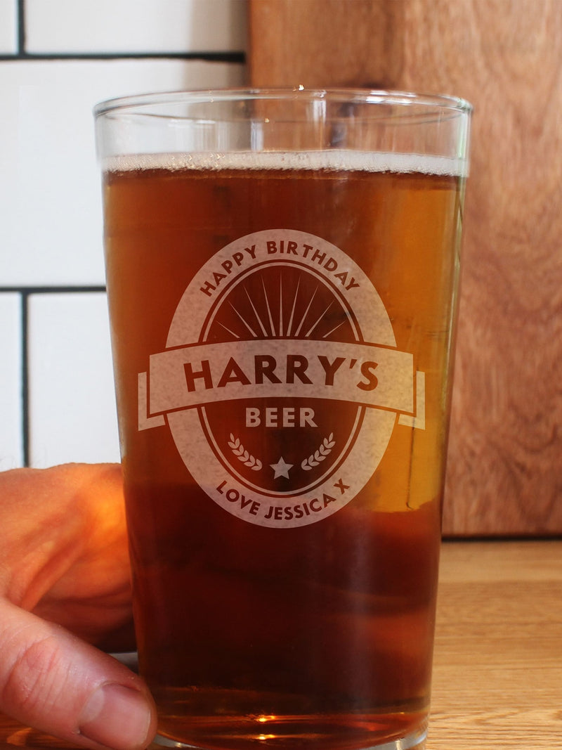 PMC personalised beer label pint glass, imported from the UK