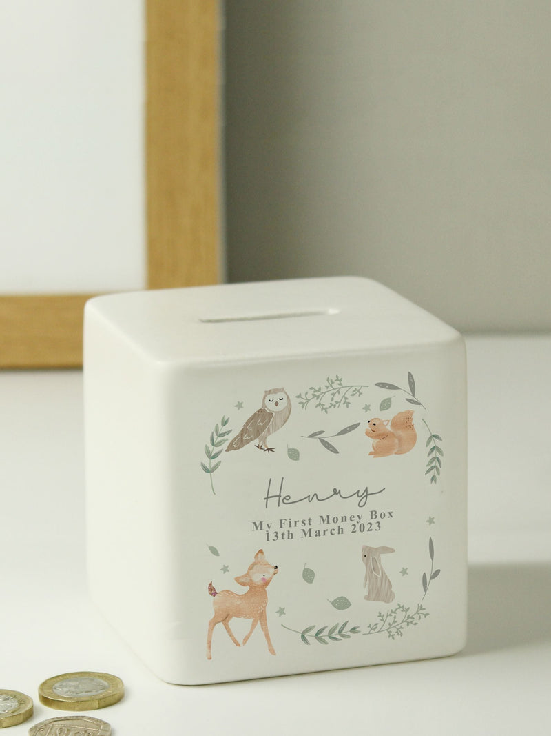 PMC personalised ceramic money box woodland animals design, imported from the UK