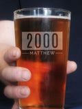 PMC personalised birth year pint glass, imported from the UK