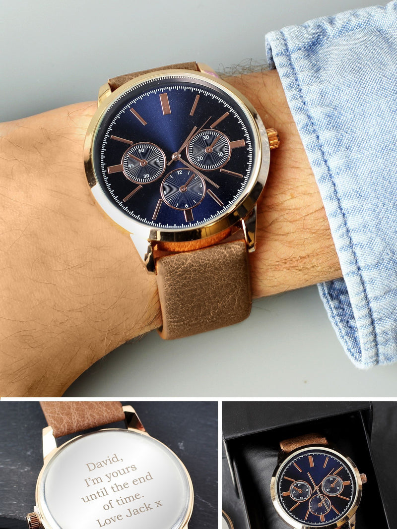 PMC personalised men's rose gold watch with brown strap, imported from the UK