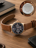 PMC personalised men's rose gold watch with brown strap, imported from the UK