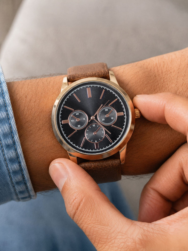 PMC personalised men's rose gold watch with brown strap, imported from the UK