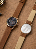 PMC personalised men's rose gold watch with brown strap, imported from the UK