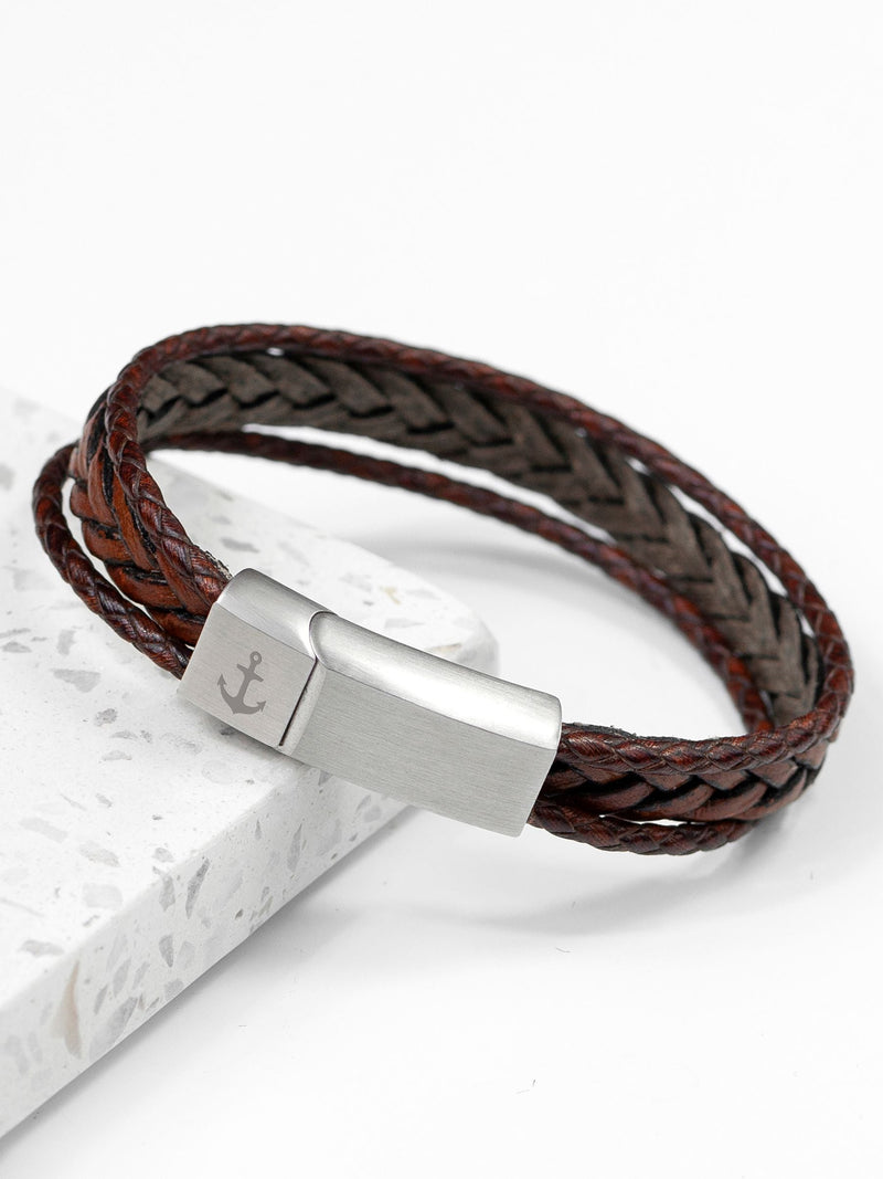 Treat Republic personalised men's woven leather brown bracelet (British brand)