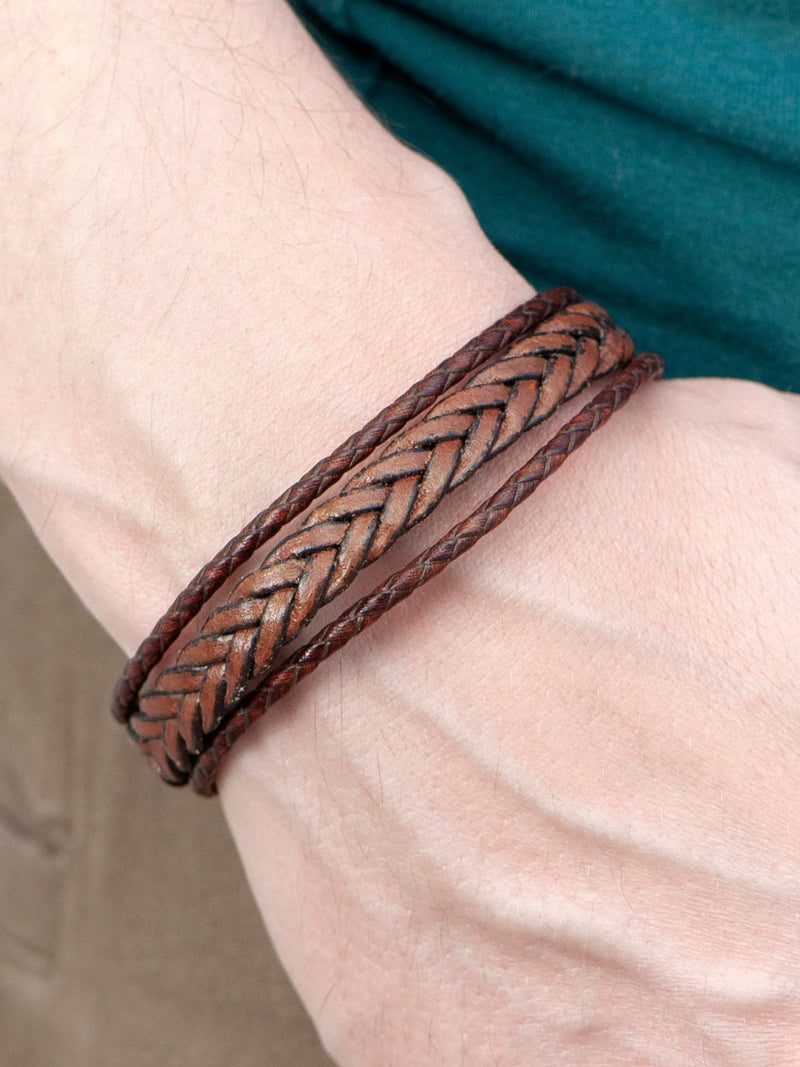 Treat Republic personalised men's woven leather brown bracelet (British brand)