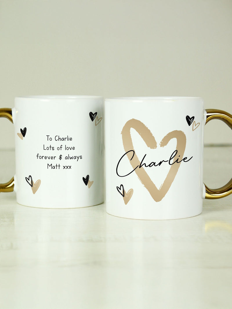 PMC personalised hearts gold handled mug, imported from the UK