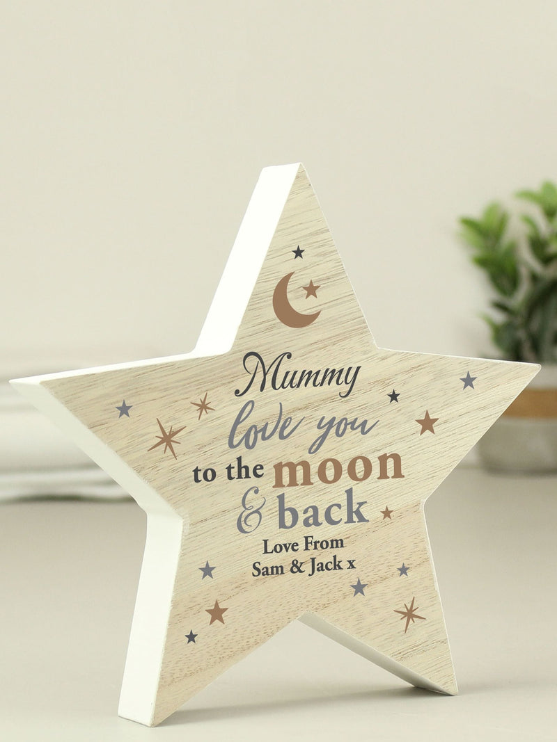 PMC personalised love you to the moon wooden star ornament, imported from the UK