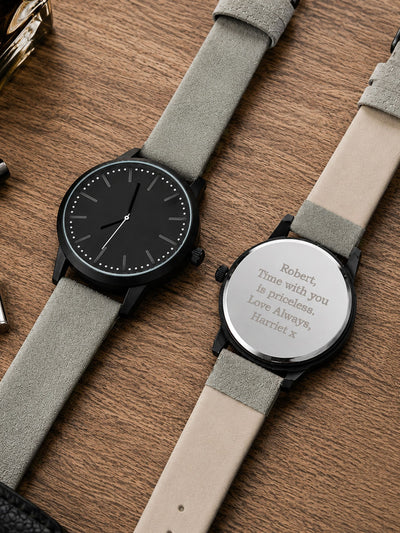 Next PMC Personalised Mens Matte Black Watch with Grey Strap and Presentation Box Mens Watch- Buy online at McGrocer