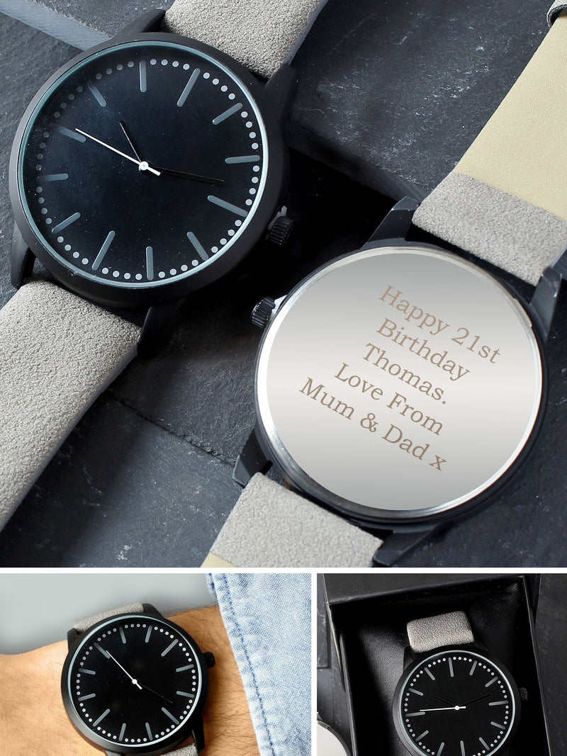 PMC Personalised Mens Matte Black Watch with Grey Strap, imported from the UK