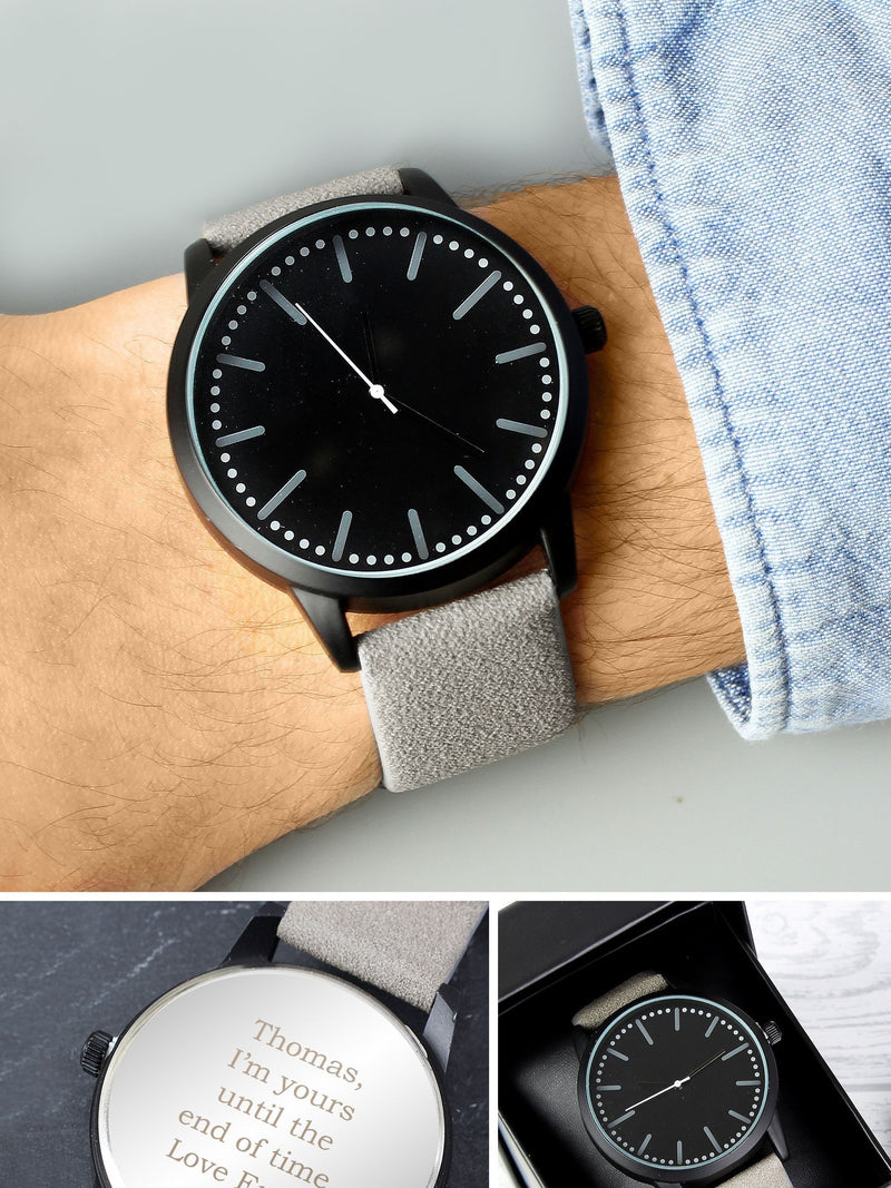 PMC Personalised Mens Matte Black Watch with Grey Strap, imported from the UK