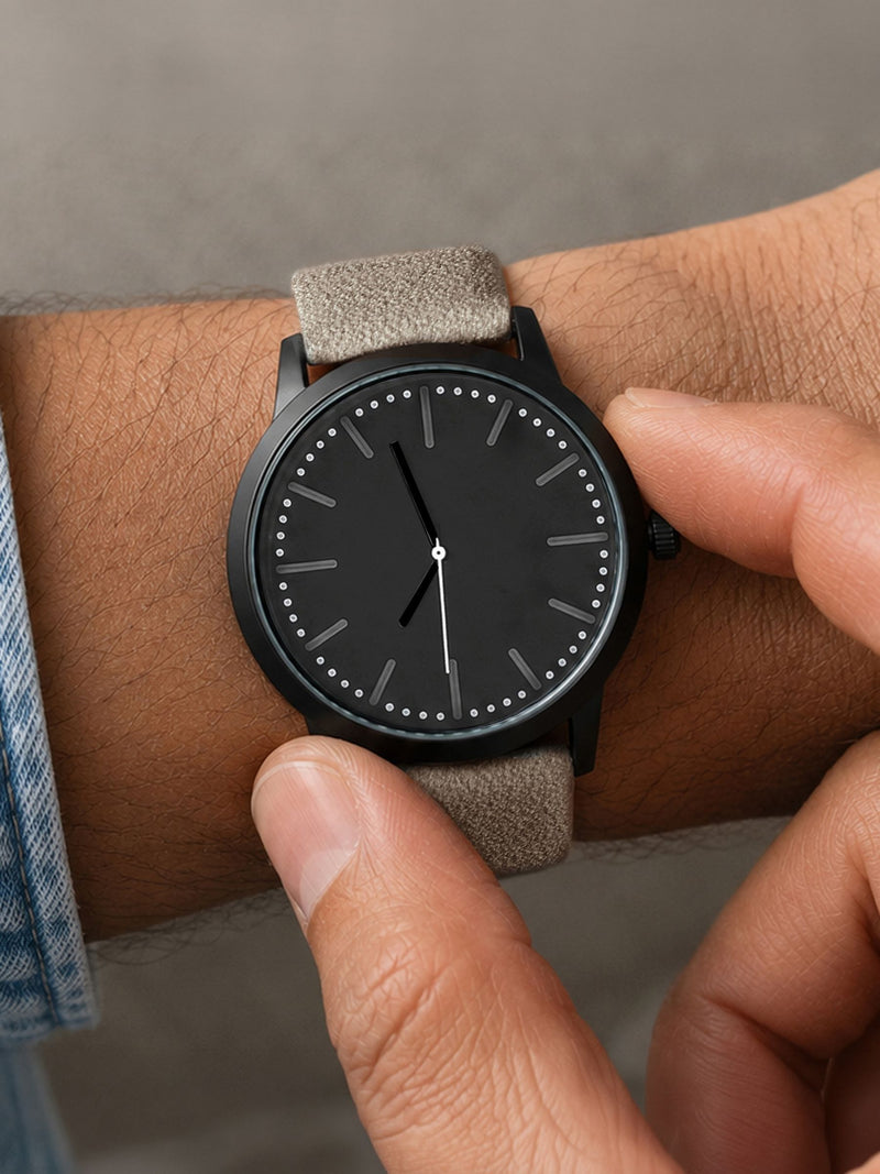 PMC Personalised Mens Matte Black Watch with Grey Strap, imported from the UK