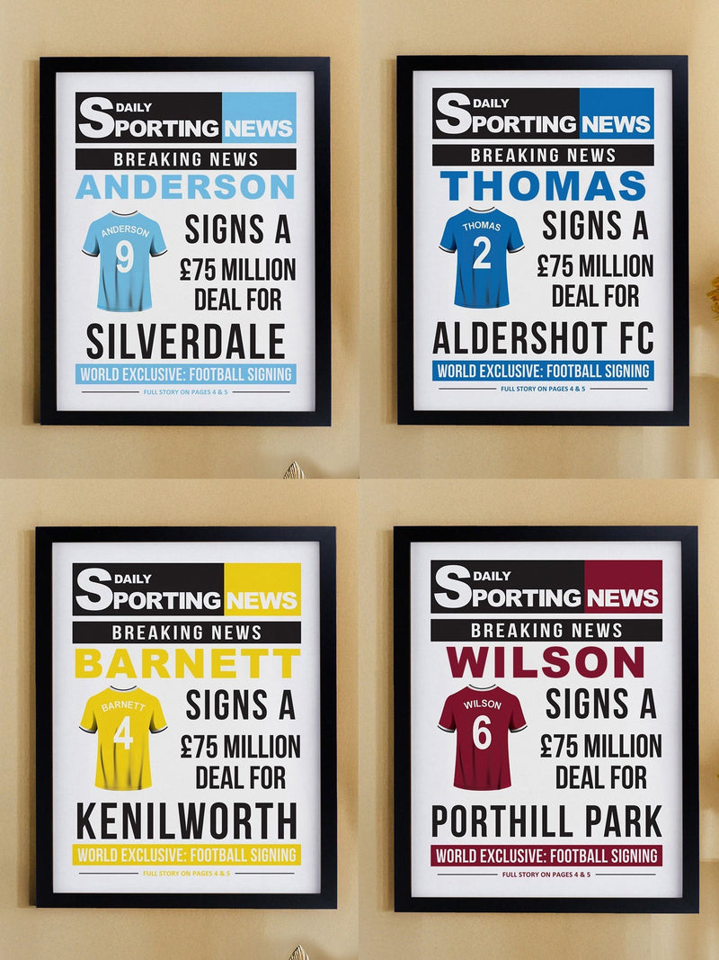 PMC personalised football signing newspaper framed print A4, imported from the UK