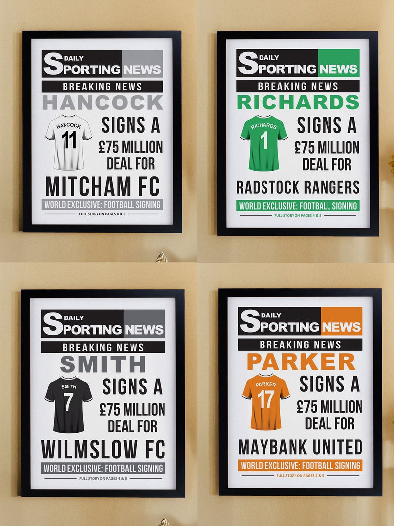 PMC personalised football signing newspaper framed print A4, imported from the UK
