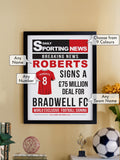 PMC personalised football signing newspaper framed print A4, imported from the UK