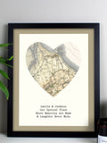 PMC personalised map heart framed print, imported from the UK