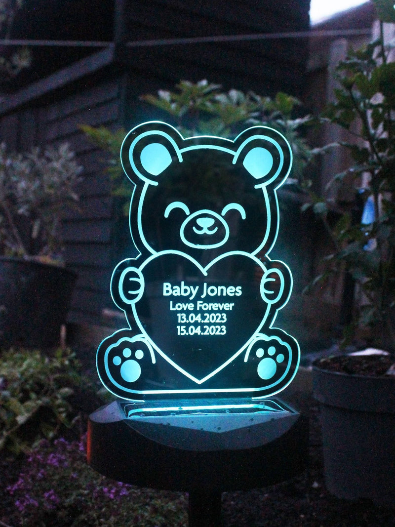 PMC personalised bear memorial solar light with ground stick, imported from the UK