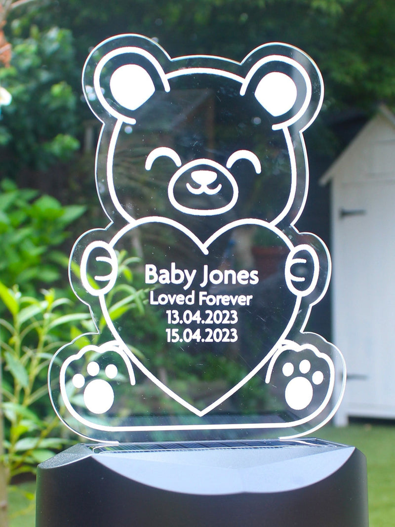 PMC personalised bear memorial solar light with ground stick, imported from the UK