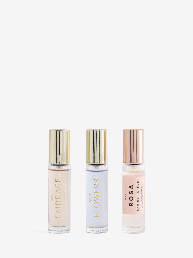 Floral fragrance discovery set with Flowers, Embrace, and Rosa perfumes 3 x 10ml (British brand)