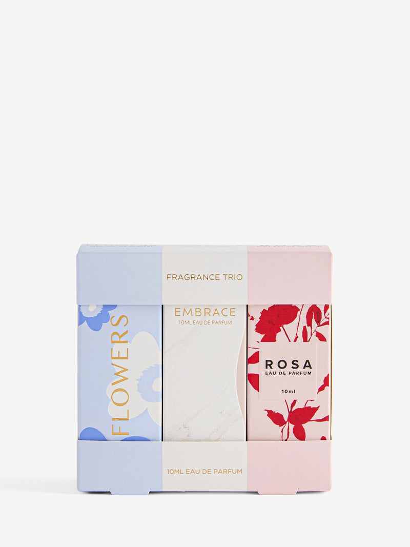 Floral fragrance discovery set with Flowers, Embrace, and Rosa perfumes 3 x 10ml (British brand)