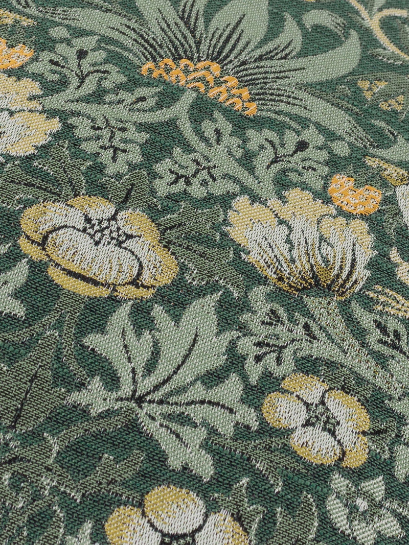 Morris & Co Green Strawberry Thief Jacquard Cushion, imported from the UK