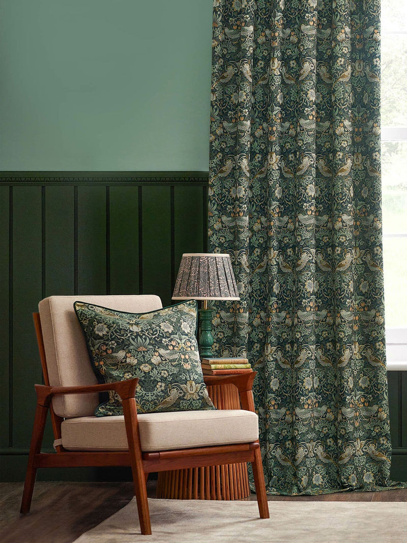 Morris & Co Green Strawberry Thief Jacquard Cushion, imported from the UK