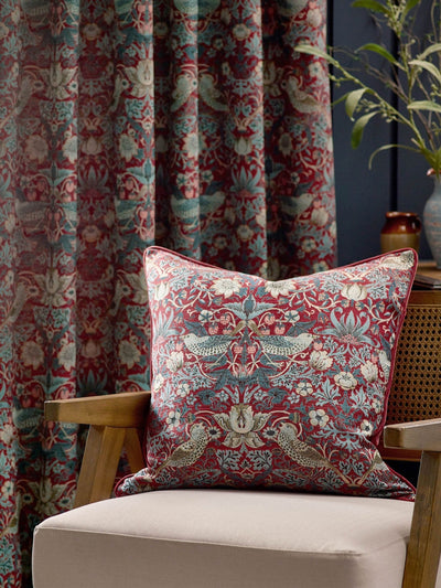 Next Morris & Co. Strawberry Thief Berry Jacquard Piped Cushion 55cm x 55cm- Buy online at McGrocer