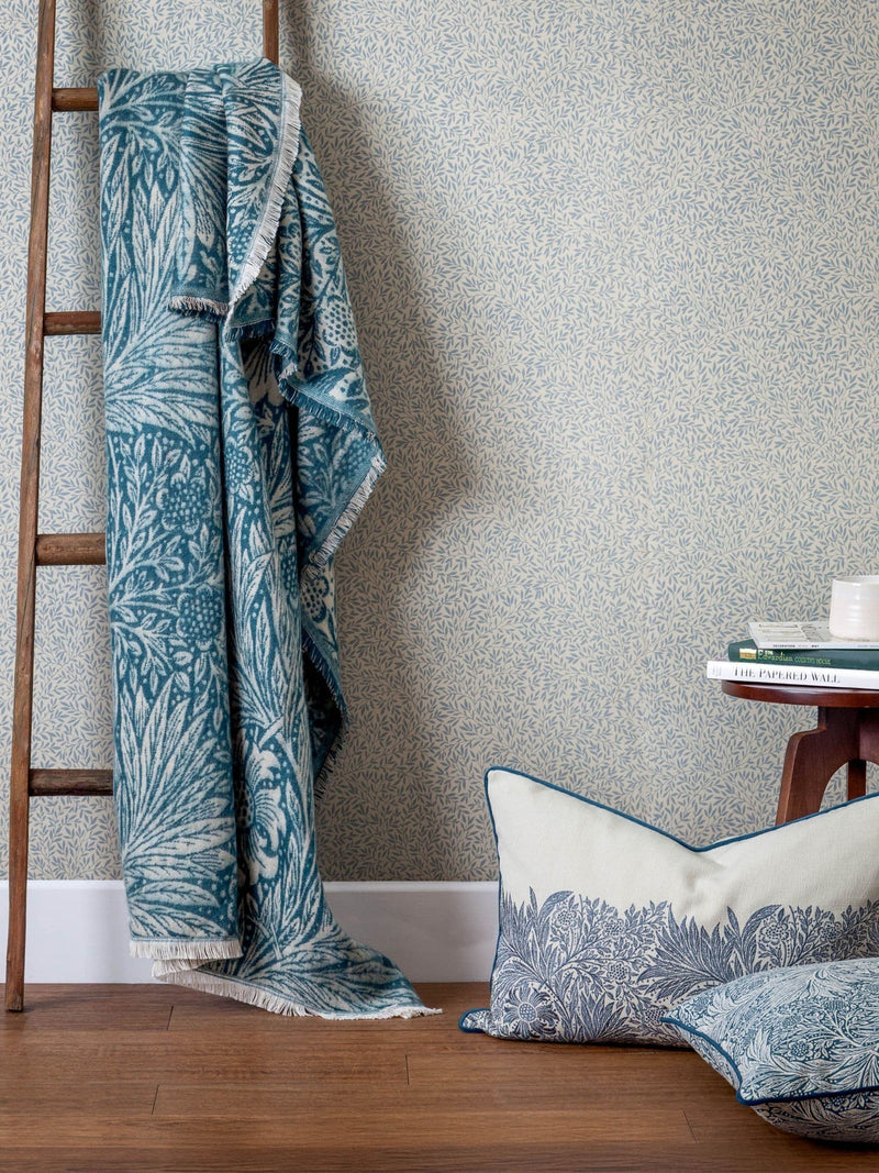 Morris & Co Indigo Marigold jacquard throw, imported from the UK