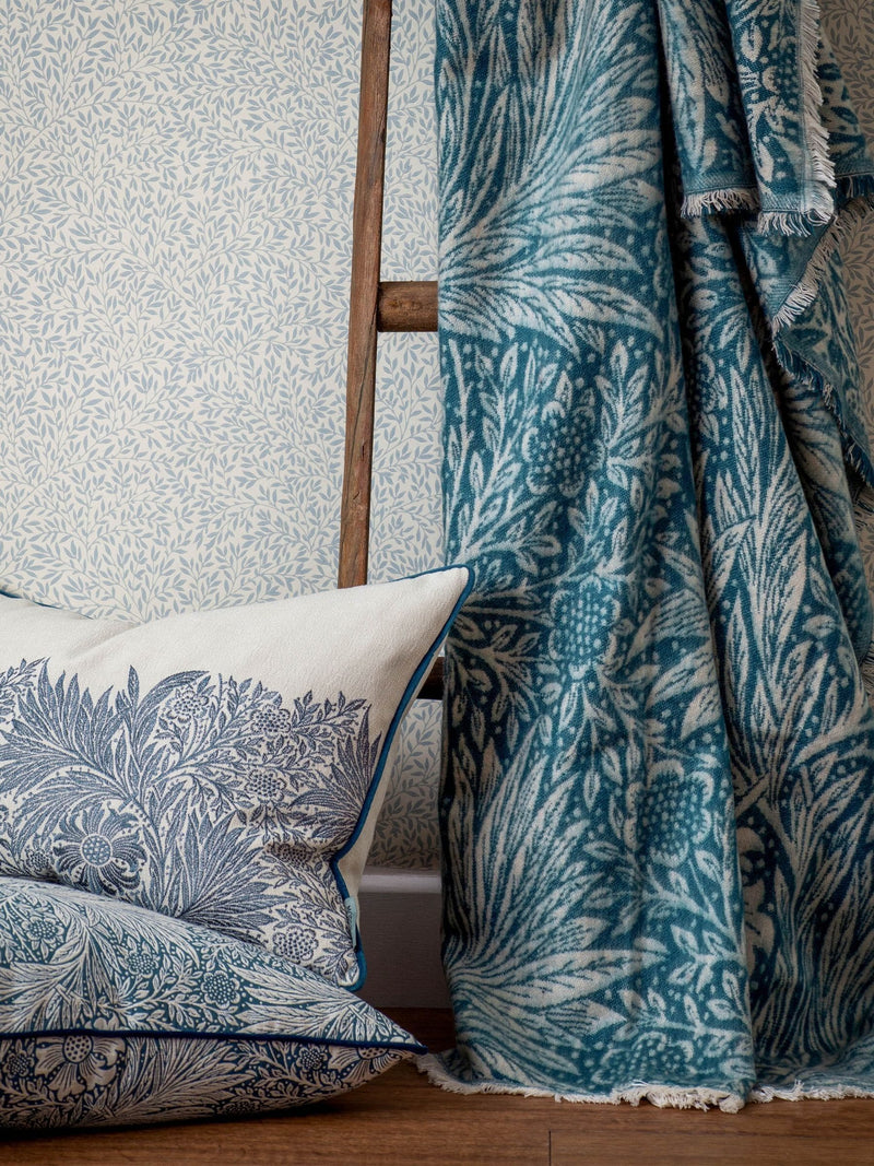 Morris & Co Indigo Marigold jacquard throw, imported from the UK