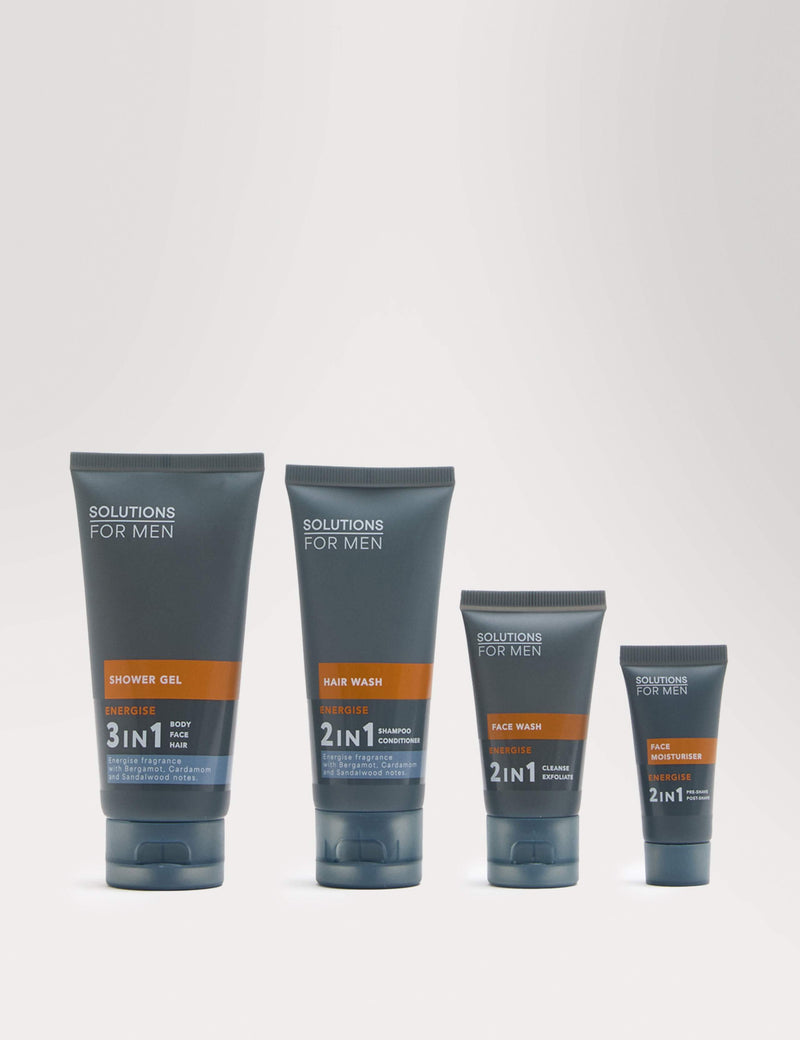 ENERGISE Discovery Set men's grooming kit with shower gel, hair wash, face wash, and moisturiser - British product