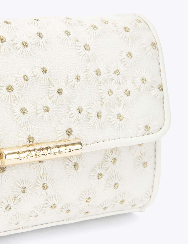 Carvela embroidered daisy chain strap clutch bag, imported from the UK