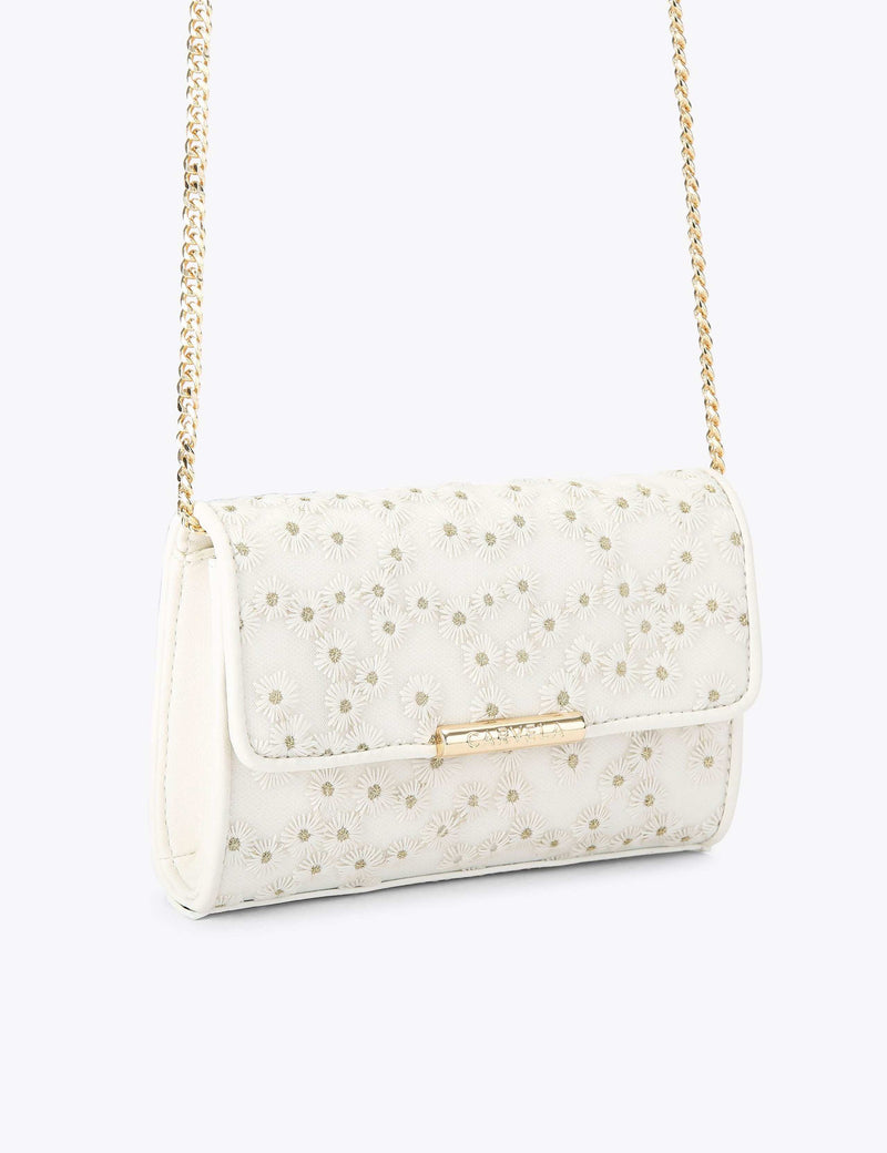 Carvela embroidered daisy chain strap clutch bag, imported from the UK