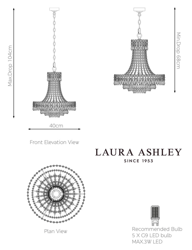 Laura Ashley Enid chandelier with crystal droplets (British brand)