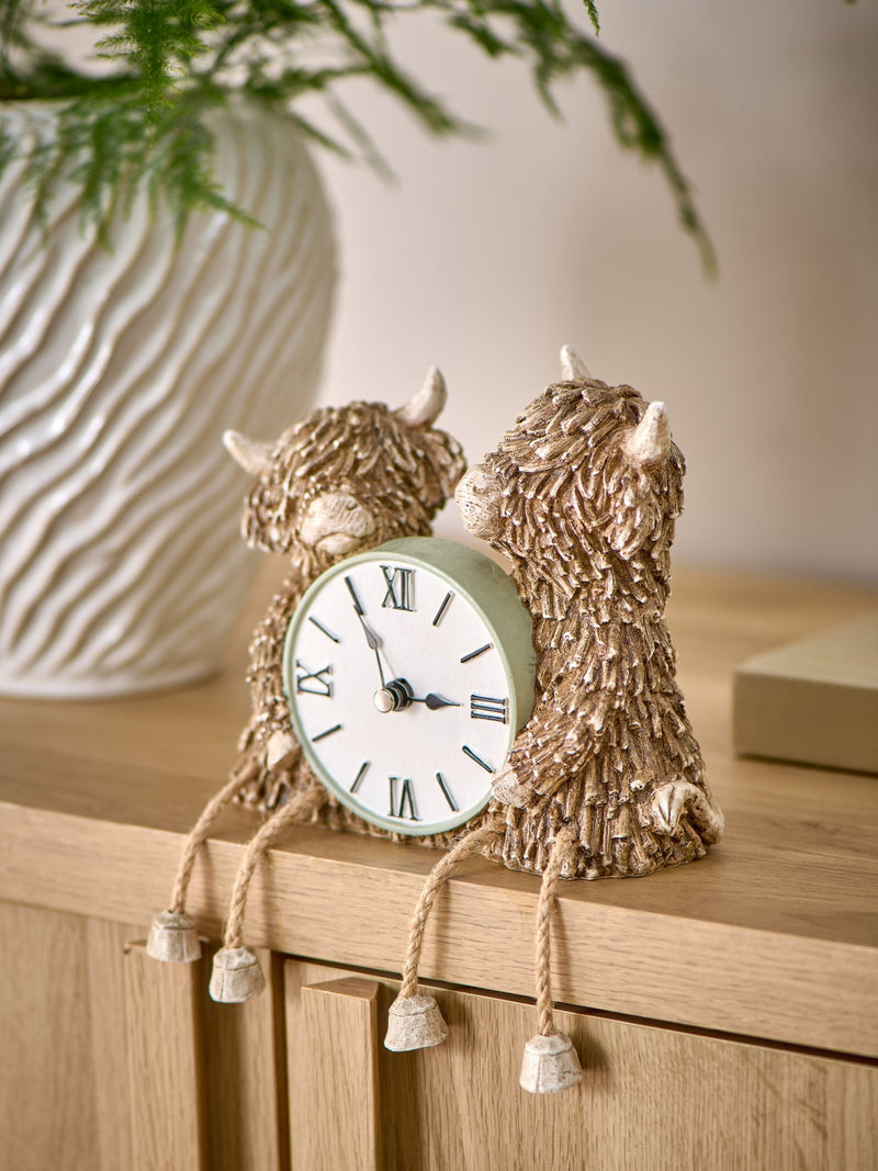 Natural Sage Green Hamish Highland Cow Mantel Clock 13.5cm x 16cm x 7.5cm, imported from the UK