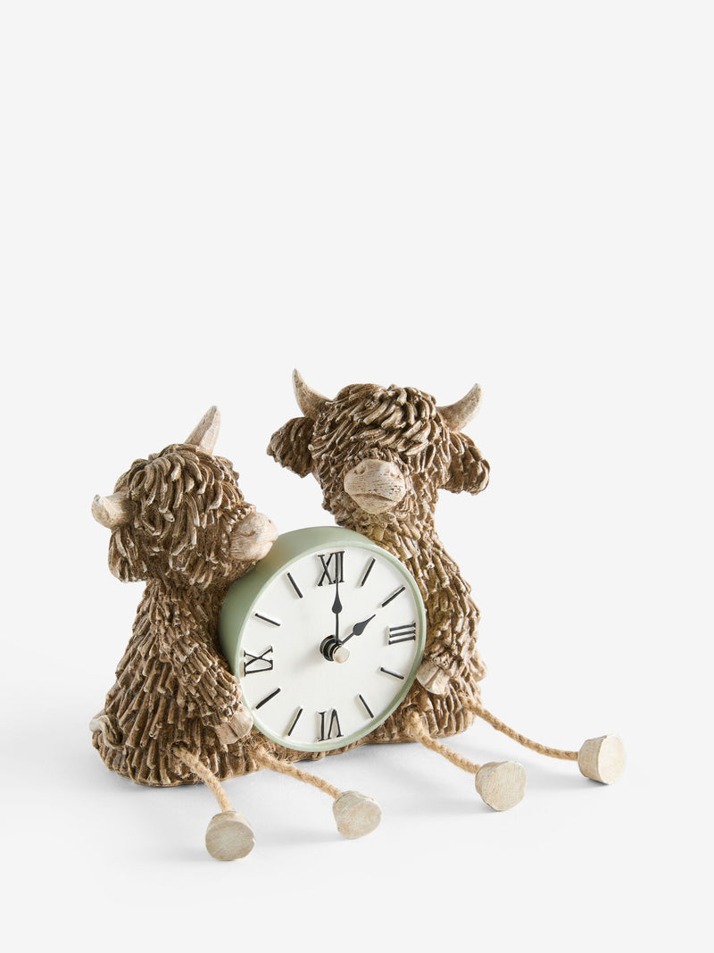 Natural Sage Green Hamish Highland Cow Mantel Clock 13.5cm x 16cm x 7.5cm, imported from the UK