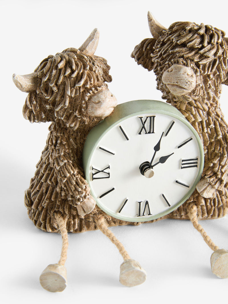Natural Sage Green Hamish Highland Cow Mantel Clock 13.5cm x 16cm x 7.5cm, imported from the UK