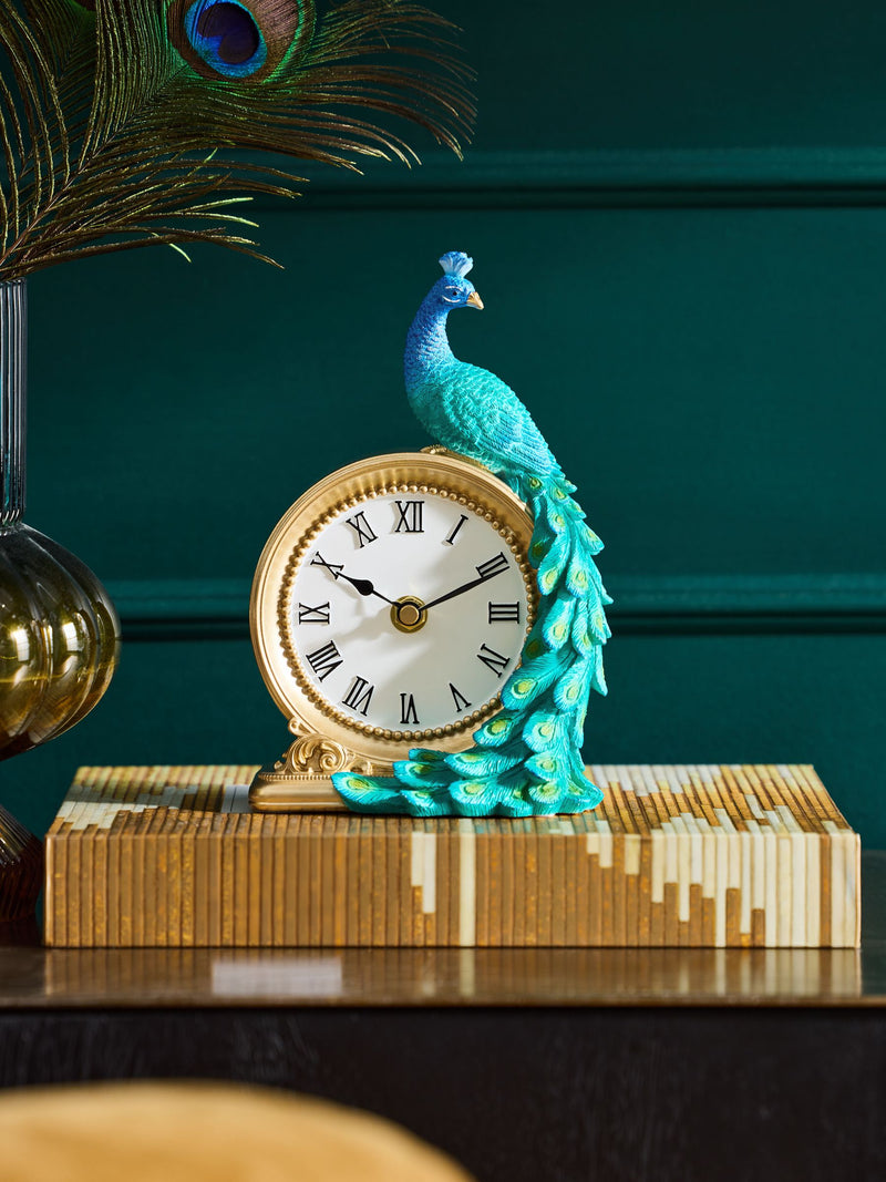 Peacock Mantel Clock Gold Teal Benedict 20cm, UK version