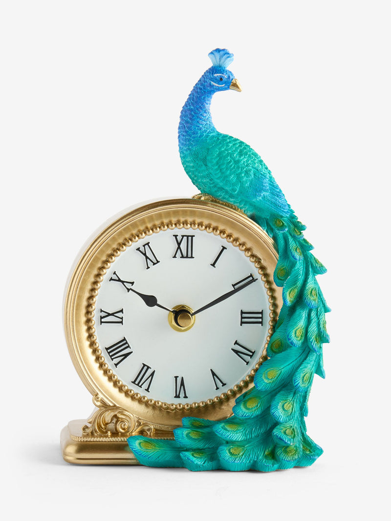 Peacock Mantel Clock Gold Teal Benedict 20cm, UK version