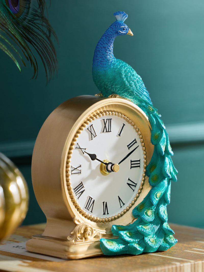 Peacock Mantel Clock Gold Teal Benedict 20cm, UK version